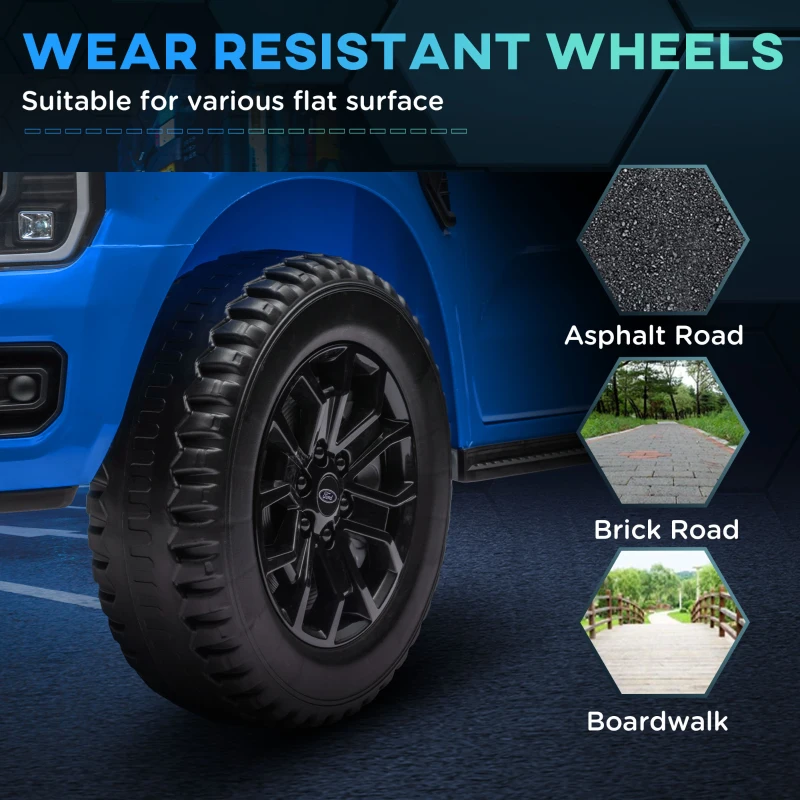 Qaba Ford Ranger Licensed Kids Ride on Car 12V Battery Power Car with Remote Control, Spring Suspension Toy Storage, Blue