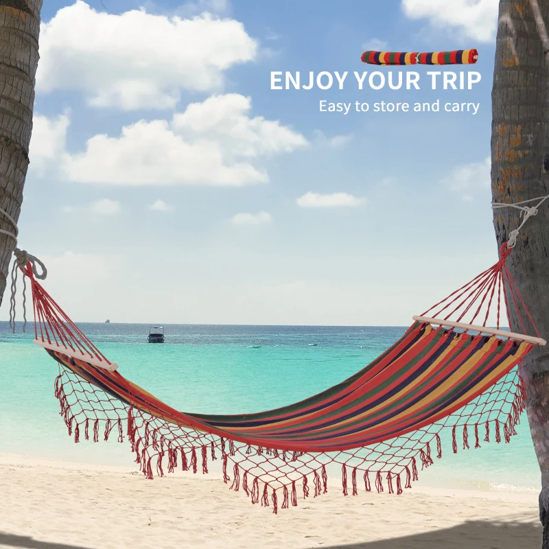 Outsunny Patio Outdoor Hammock, Brazilian Hammock Portable Hammock Load Capacity Up to 264 Lbs for Backyard, Porch, Outdoor and Indoor Use Red Stripe