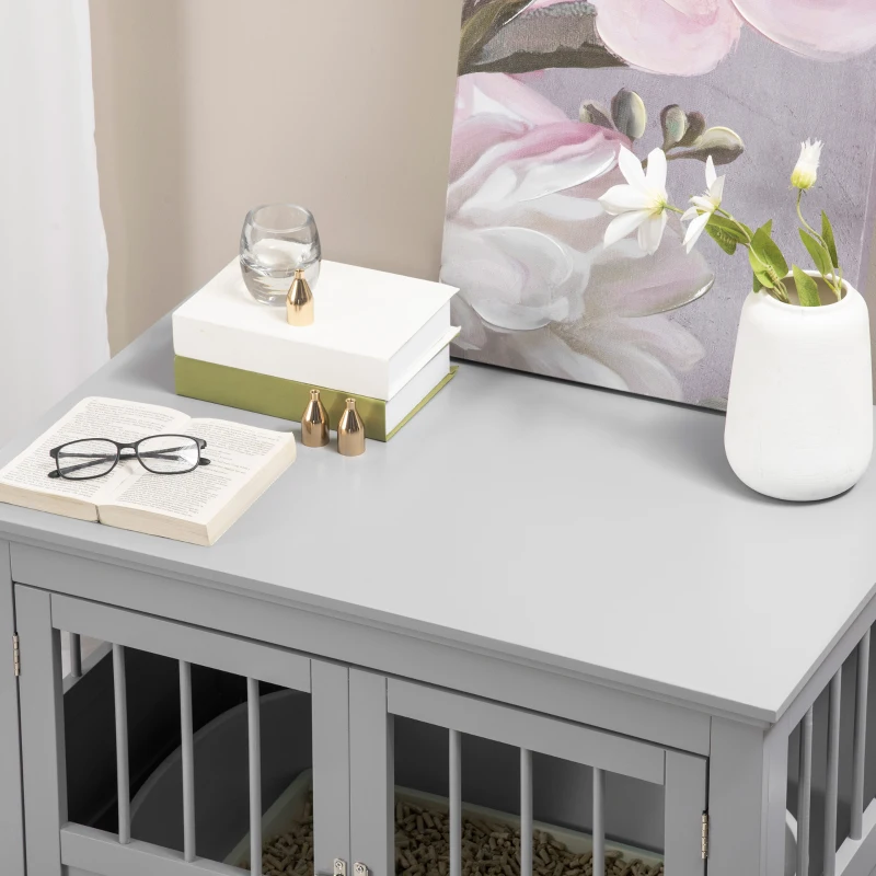 PawHut Wooden Dog Crate End Table, Dog Crate Furniture with Triple Doors, Puppy Crate for Small Dogs Indoor Use, Dark Gray