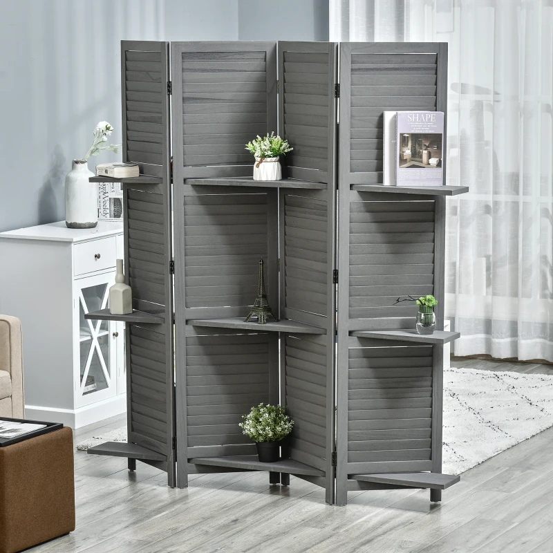 HOMCOM 4-Panel Wall Partition Room Separator with 3 Storage Shelves Foldable Design Wooden Frame 5.6FT Grey