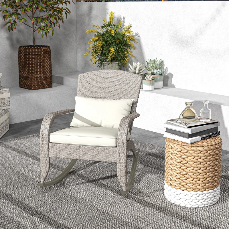Outsunny Adirondack Chair, Outdoor Wicker Rocking Chair with High Back, Seat Cushion and Pillow for Porch, Balcony, Cream White