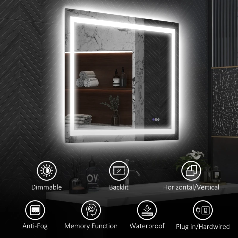 HOMCOM Dimmable Bathroom Mirror with Lights, 39" x 32" Backlit/Front Lit LED Mirror, Anti-Fog, Memory, Infinite Color Temp