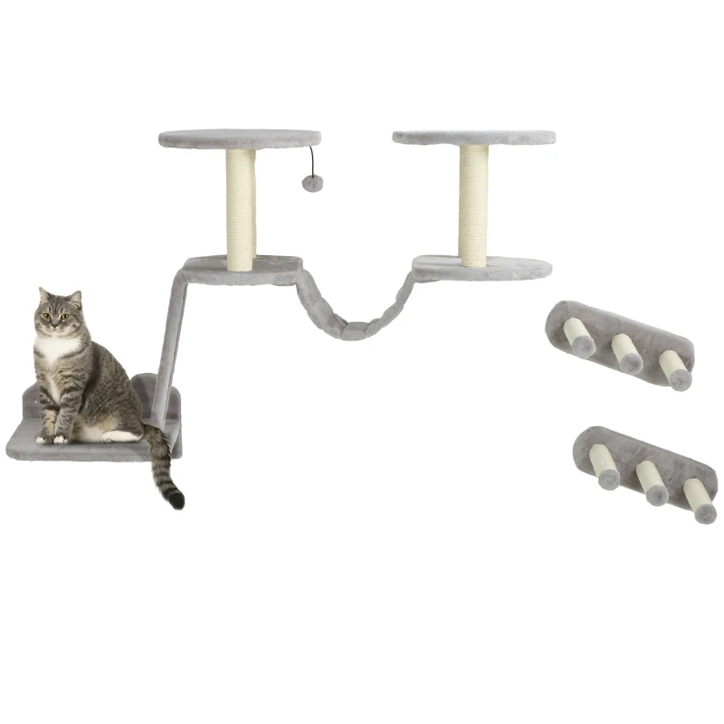PawHut 3PCs Cat Wall Shelves w/ Scratching Post, Perches, Steps, Ladder, Light Grey