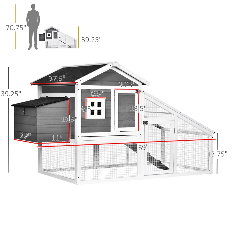 PawHut Deluxe Chicken Coop Small Animal Habitat Hen House with Outdoor Run Resting Nesting Box Removable Tray Waterproof Asphalt Roof Lockable Door