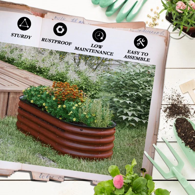 Outsunny 4.9' x 2' x 1.4' Galvanized Raised Garden Bed Kit, Metal Planter Box with Safety Edging, Brown