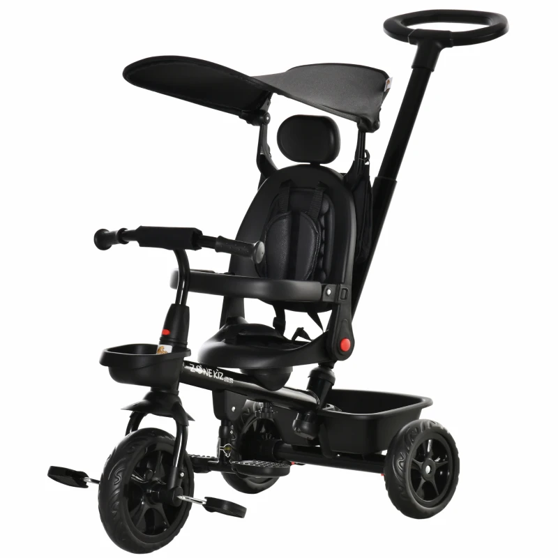 Qaba Kids Tricycle 4 In 1 Trike with Reversible Angle Adjustable Seat Removable Handle Canopy Handrail Belt Storage Footrest Brake Clutch for 1-5 Years Old Black