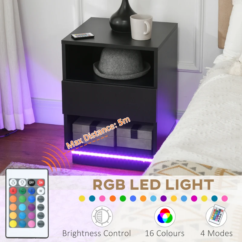 HOMCOM LED Nightstand, Bedside Table with LED Lights, Drawer, 2 Shelves, Remote, Side Table for Living Room, Bedroom