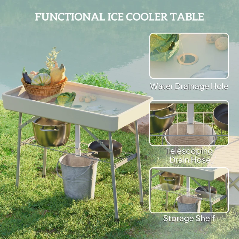 Outsunny 3.4ft Folding Ice Cooler Table with Drain, Fill and Chill Table Outdoor Table Cooler with Storage Shelf, Drink Cooler for Parties Picnic BBQ Camping Wedding, Tan