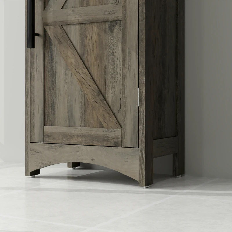 HOMCOM Farmhouse Tall Slim Bathroom Storage Cabinet with Recessed Drawer, Narrow Cabinet with Barn Door, Weathered Gray Oak