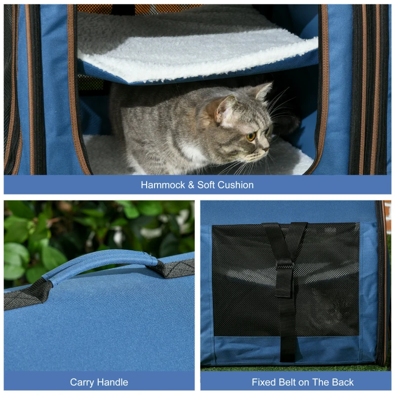 PawHut 39" Portable Soft-Sided Cat Carrier, Cat Kennel, Travel Dog Crate with Divider, Two Compartments, Soft Cushions & Storage Bag, Easy to Fold, Blue