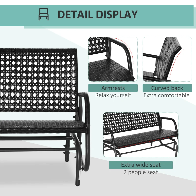 Outsunny 2 Seater Wicker Outdoor Glider Bench, Patio Swing Garden Bench, Garden Loveseat Rocking Chair, w/ Extra Wide Seat, Curved Backrest for Backyard, Poolside, Lawn, Black