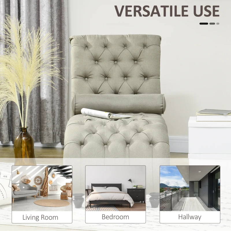 HOMCOM Button Tufted Chaise Lounge Chair Indoor Upholstered Lounge Chair with Bolster Pillow Wood Legs Nailhead Trim for Living Room Bedroom Home Office Beige