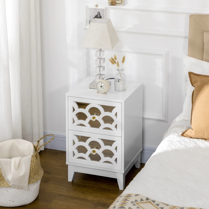 HOMCOM Modern Bedside Table, Side End Table with Drawers and Front Mirror, 15.4"x14.4"x23.6", White