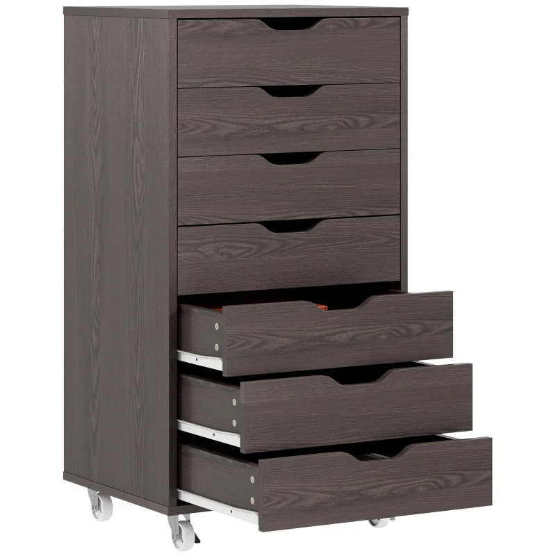 Vinsetto 7-drawer Vertical File Cabinet for Home Office, Storage Cabinet with Wheels, 18.7"x15.6"x35.4", Grey Wood Grain