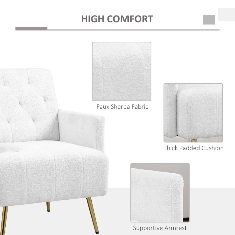 HOMCOM Upholstered Armchair, Modern Sherpa Accent Chair, Tufted Reading Chair for Living Room with Gold Steel Legs, White