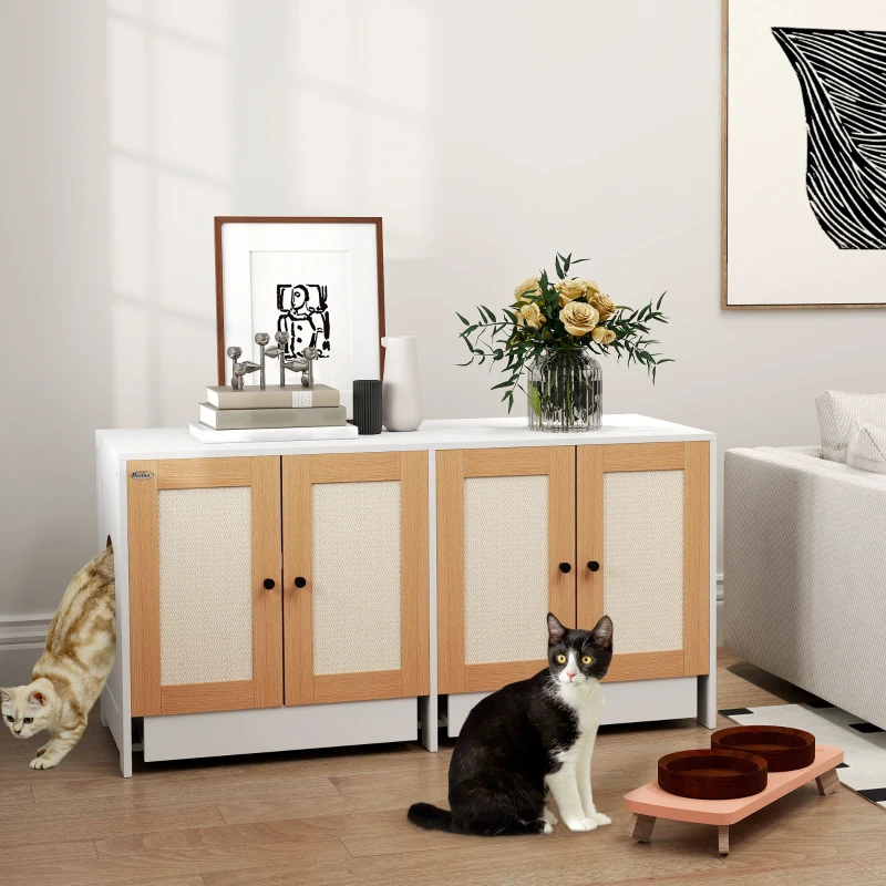 PawHut Cat Litter Box Enclosure w/ 2 Cabinets, Scratching Mats, Pull-Out Trays, Hidden Litter Box for 2 Cats, White
