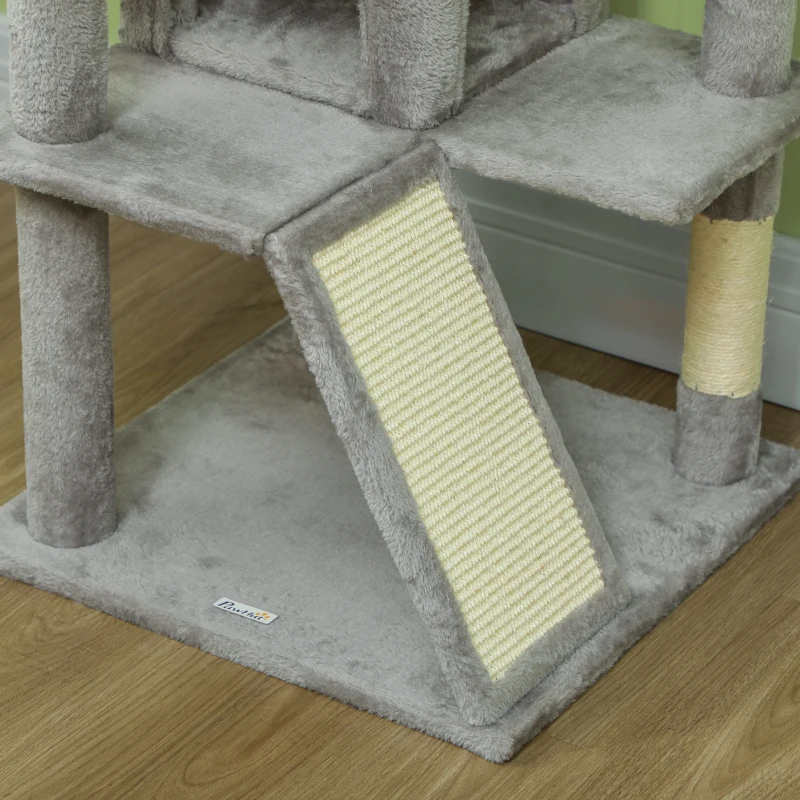 PawHut 54" Cat Tree, Multi-Level Cat Tower with Scratching Posts, Cat Condos, Bed, Platforms, Ramp, Toy Ball, Light Grey