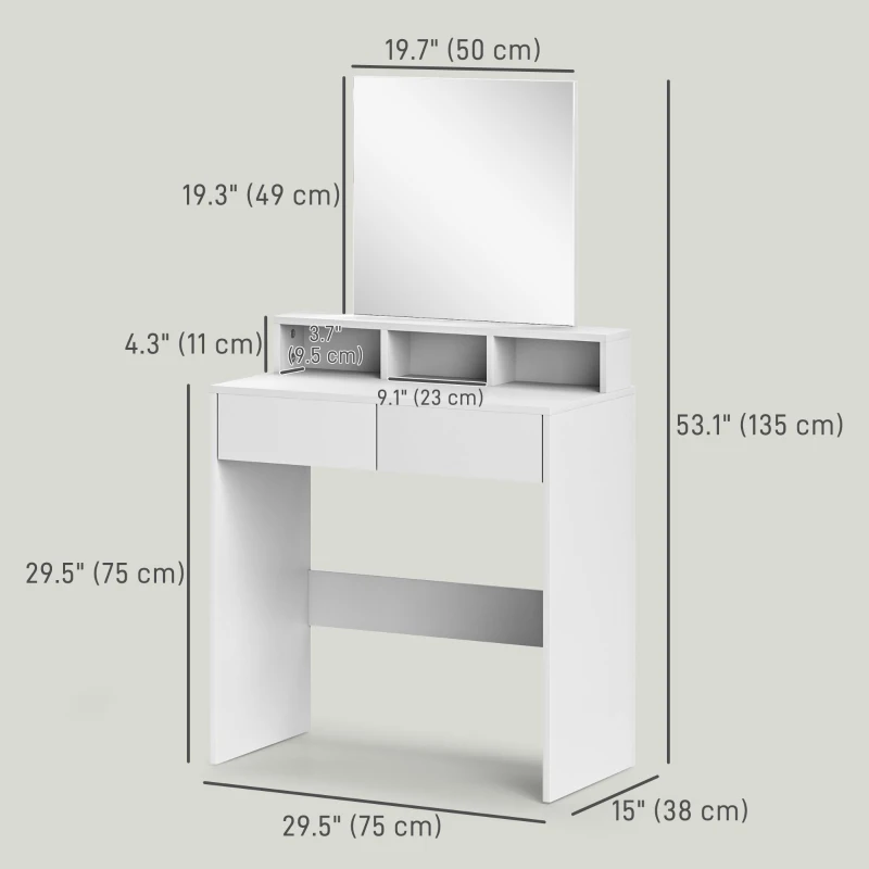 HOMCOM Makeup Vanity Table with Mirror, for Bedroom, Modern Dressing Table with Drawers, Compartments, White