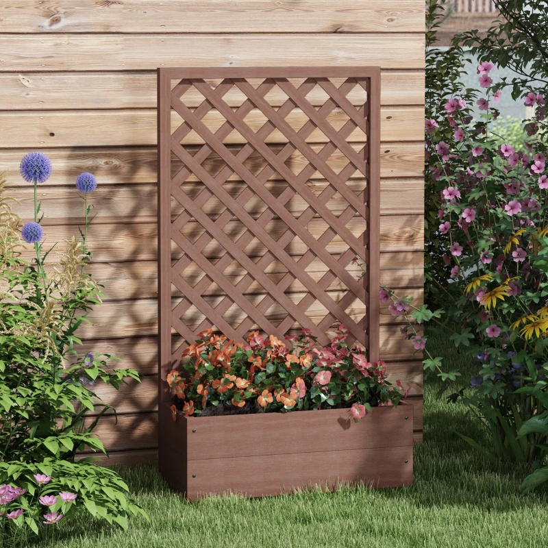 Outsunny Trellis Planter Box for Climbing Plants, Raised Garden Bed w/ Trellis Lattice for Outdoor Garden, Backyard, Brown