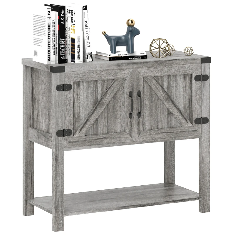 HOMCOM Farmhouse Double Door Coffee Bar Cabinet, Kitchen Cabinet with Bottom Shelf for Entryway, Living Room, Stone Gray
