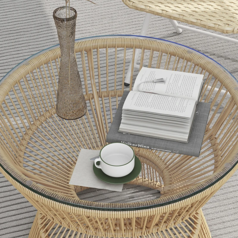 Outsunny Rattan Outdoor Coffee Table, Patio End Table with Tempered Glass Tabletop & Steel Frame, Wicker Furniture, Nature Wood