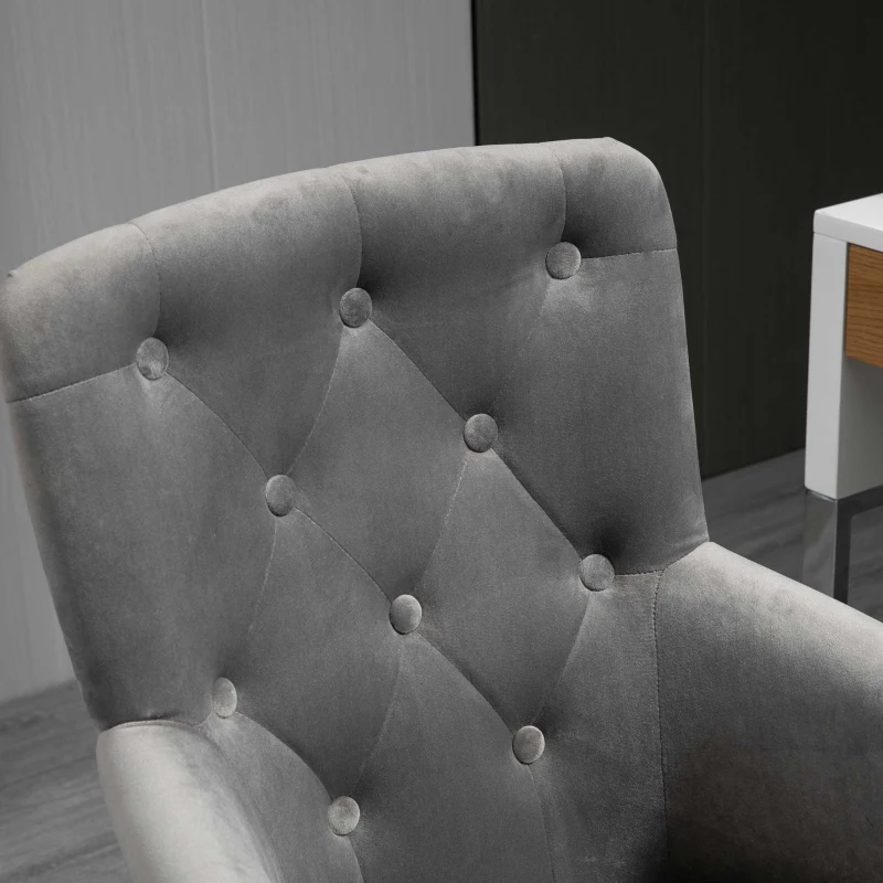 HOMCOM Modern Mid-back Desk Chair with Button Tufted Velvet Back, Nailhead Trim, Swivel Home Office Chair with Adjustable Height, Curved Padded Armrests, Gray