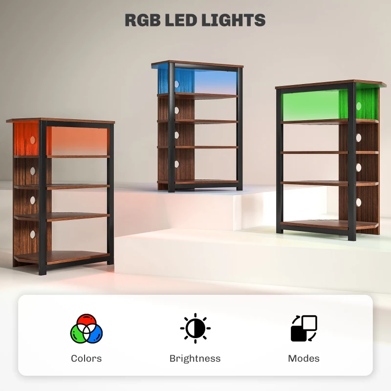 HOMCOM LED TV Stand, Entertainment Center with Storage Shelves and Steel Frame for Living Room, Brown