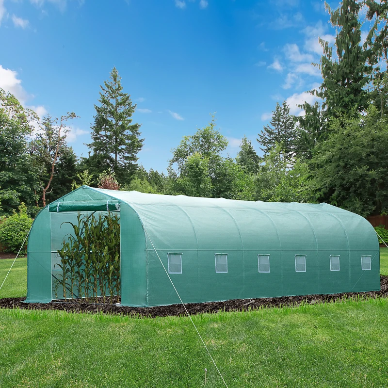 Outsunny 26' x 10' x 7' Walk-In Greenhouse Tunnel, Large Gardening Plant Hot House with 12 Windows and Zipper Doors for Backyard, Green