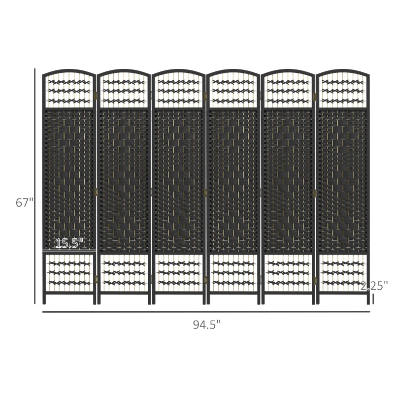 HOMCOM 6 Panel Folding Room Divider Portable Privacy Screen Wave Fiber Room Partition for Home Office Black