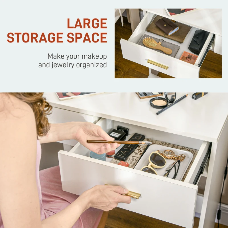 HOMCOM Makeup Vanity Table Set with Stool, Dressing Table with LED Lighting Mirror, Drawers, for Bedroom, White