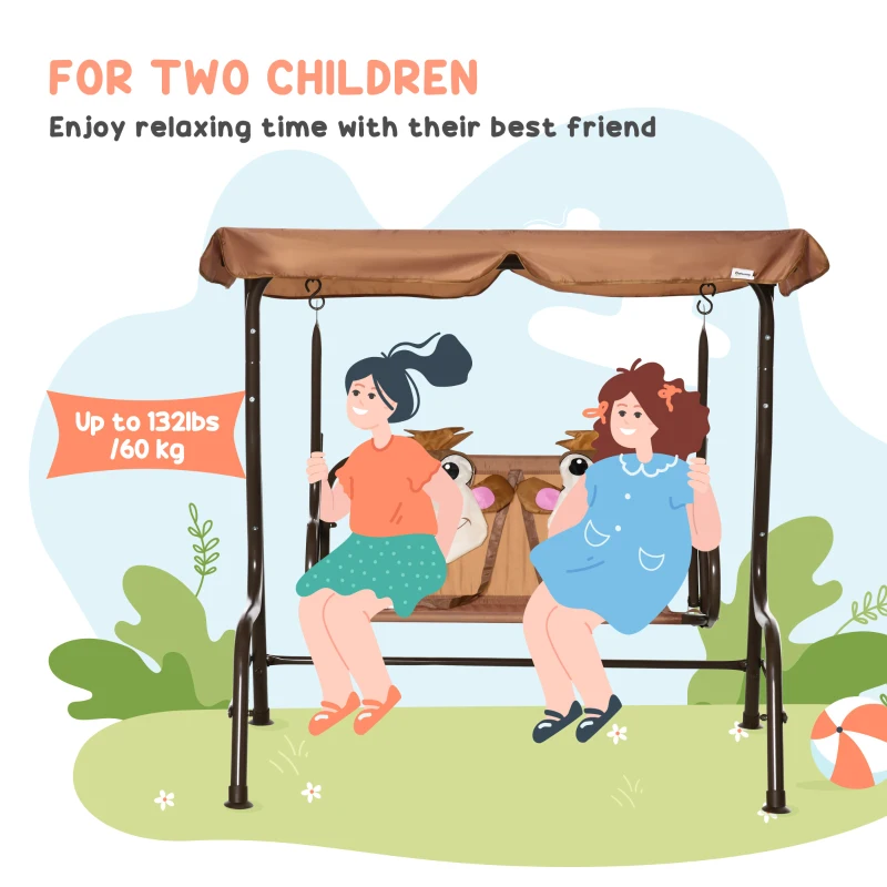 Outsunny Porch Swing for Kids with Adjustable Canopy to Block Sun at Angles, Kids Swing Chair with Seatbelts, Monkey Pattern, Gift for Kids Ages 3-6, Coffee