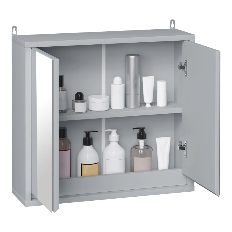 HOMCOM Wall Mounted Bathroom Medicine Cabinet Mirrored Cabinet with Hinged Door 2-Tier Storage Shelves Grey