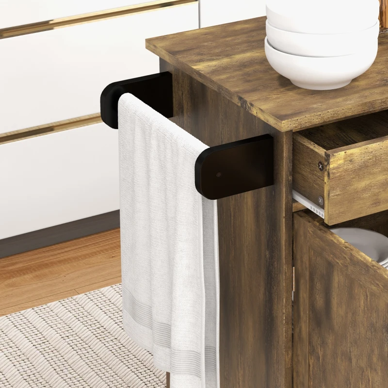 HOMCOM Kitchen Island Cart, Rolling Island Table with Solid Wood Top, Trolley Cart with Drawer, Storage Cabinet & Towel Rack, Rustic Brown