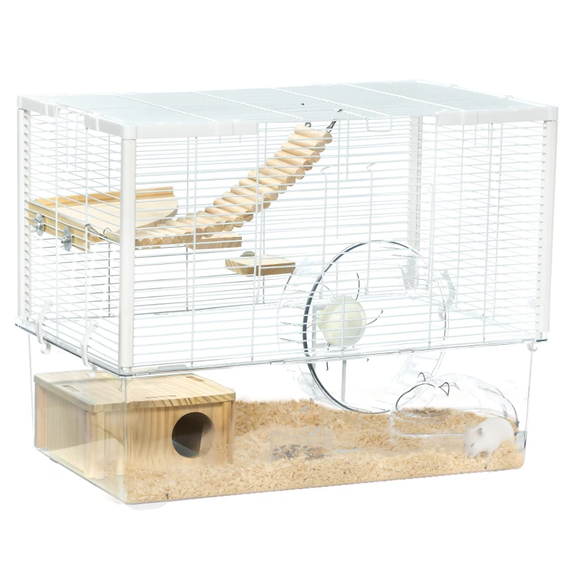 PawHut Hamster Cage with Deep Bottom, Wooden Ramp, Hut, Bathroom and Exercise Wheel for Hamster and Gerbil, White