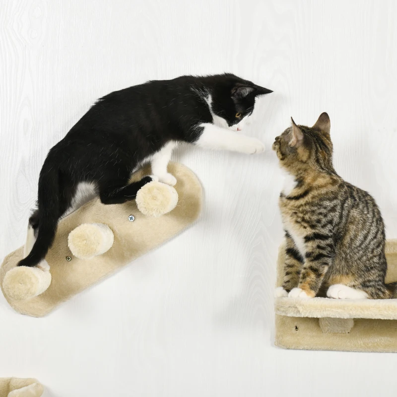 PawHut Cat Wall Shelves, 3PCs Cat Shelves with Hammock, Scratching Post, 3 Steps, Jumping Platforms, Wall Mounted Cat Climber, Beige