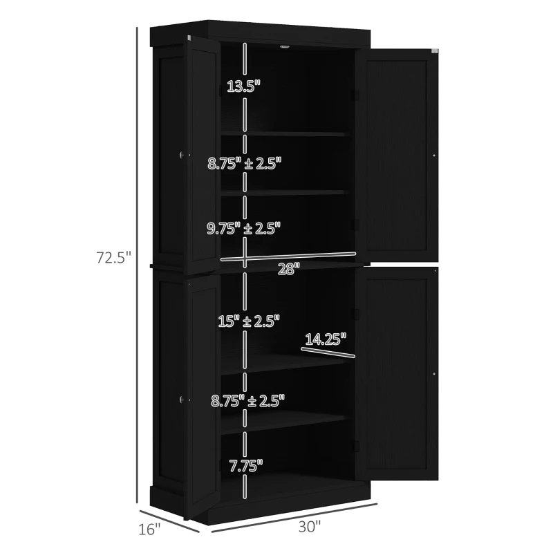 HOMCOM 72" Kitchen Cabinet, Pantry Storage Cabinet with Doors and Shelves, Freestanding Food Pantry Cabinet, Black Wood Grain