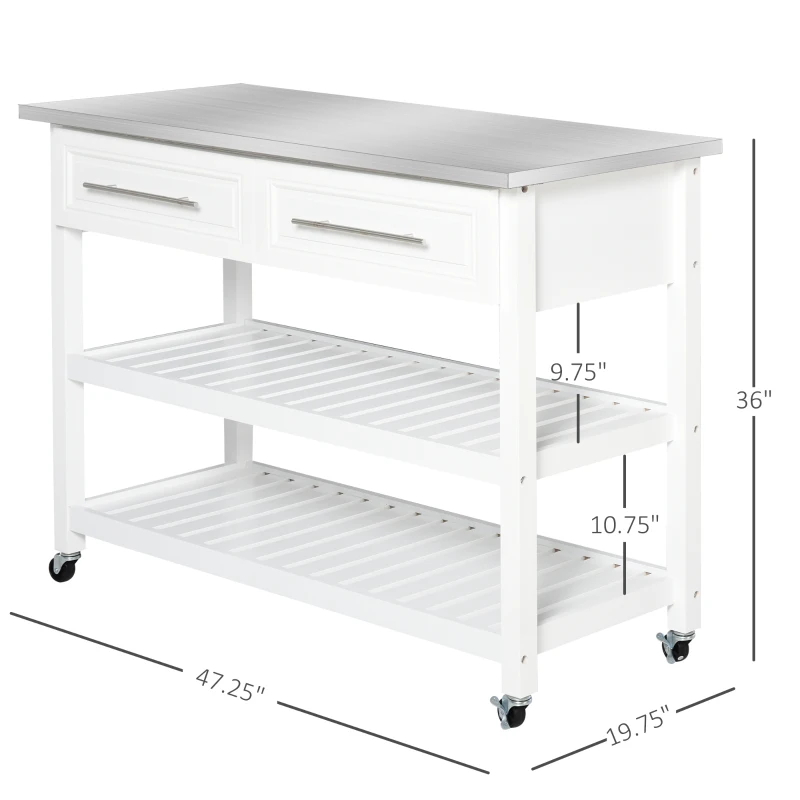 HOMCOM Kitchen Island with Stainless Steel Top, Traditional Kitchen Island with Storage, Butcher Block Cart 2-Tier Open Shelves, Drawers, White
