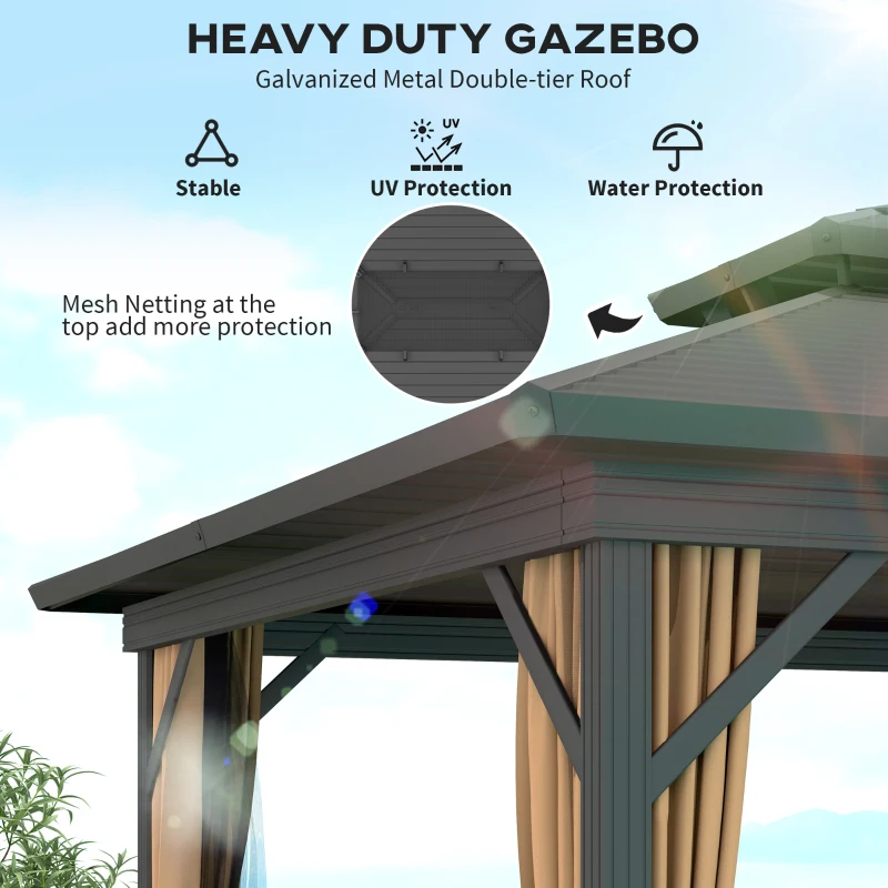 Outsunny 10' x 12' Hardtop Gazebo, Sun Shelter with Double Tier Metal Roof, Mosquito Netting, and Hanging Hook, Dark Brown