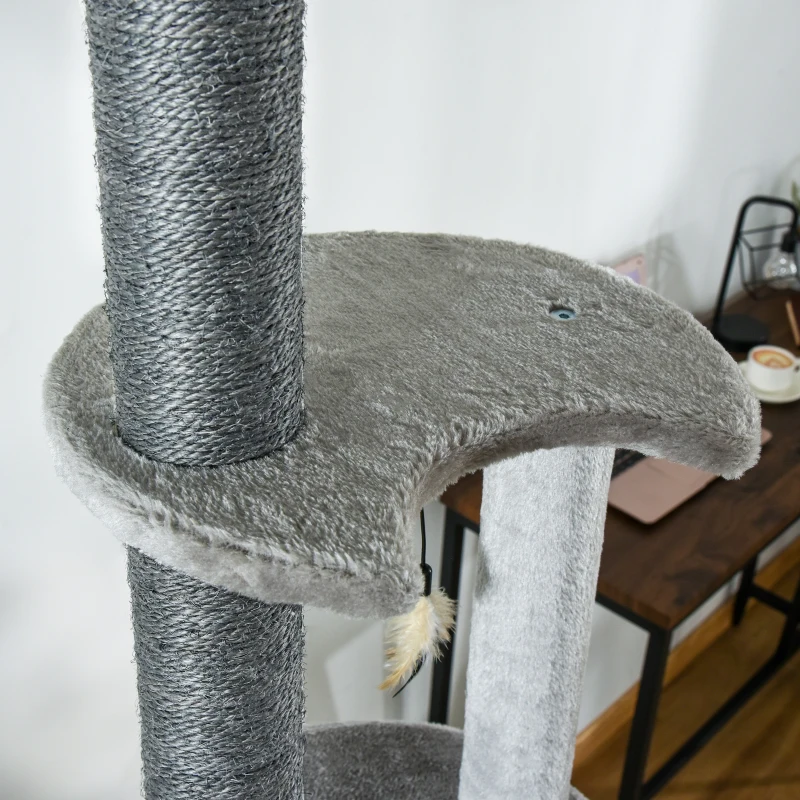 PawHut 89"-100" Floor to Ceiling Cat Tree 6-Tier Cat Climbing Tower Adjustable High with Scratching Post Board, Ramp, Cat Condo, Perch, Toy Ball, for Indoor Cat, Light Grey