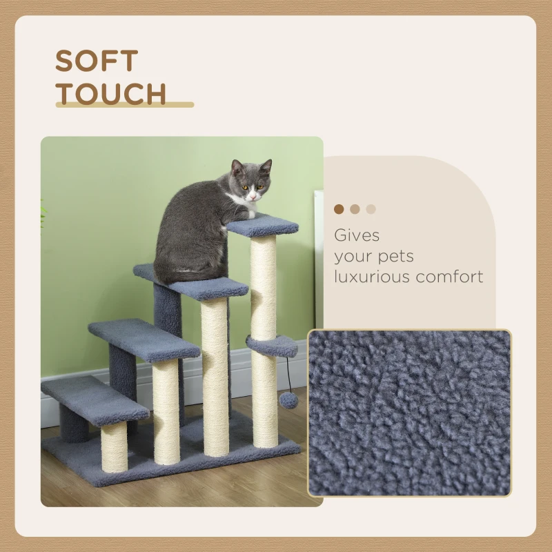 PawHut 4 Step Cat Tree Stairs with Cat Scratching Post, Jumping Platform, Toy Ball, Grey