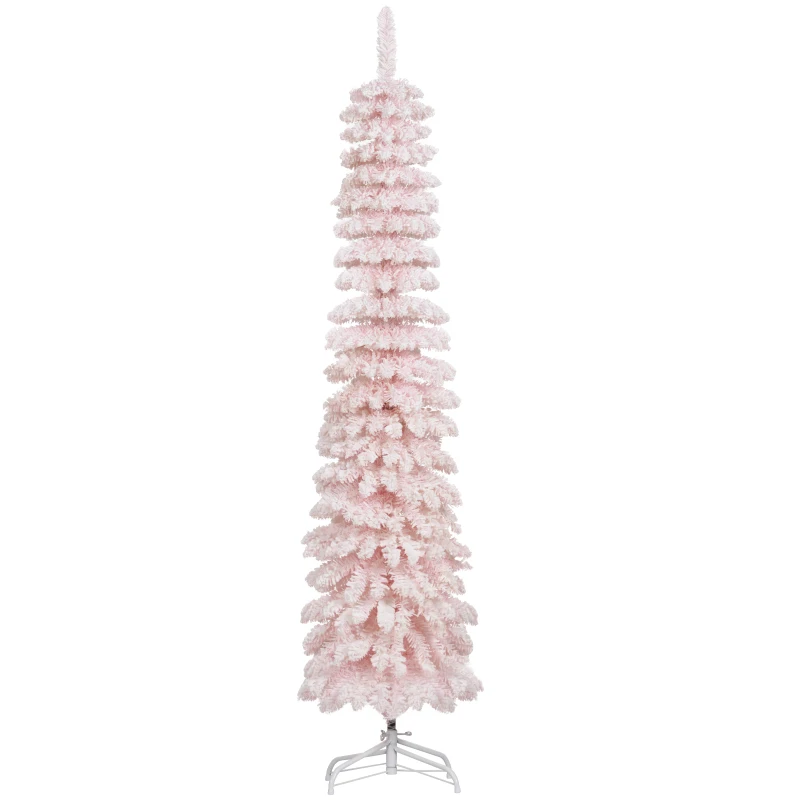 HOMCOM 6ft Snow-Flocked Artificial Christmas Tree, Slim Pencil Xmas Tree with 395 Realistic Branches, Metal Base, Pink