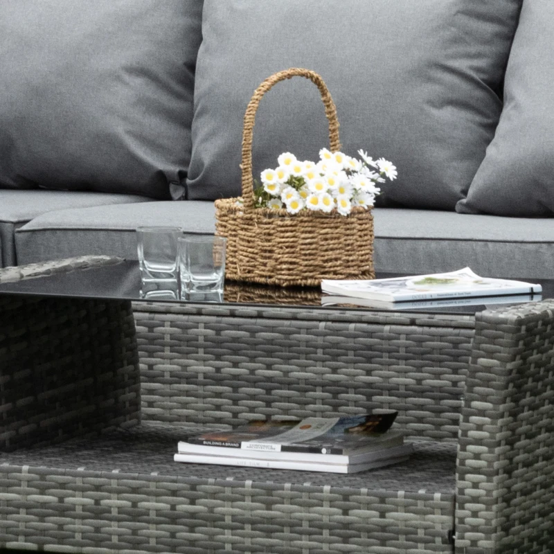 Outsunny 5 Pieces Wicker Patio Furniture Set with 4" Thick Cushions, Outdoor PE Rattan Garden Conversation Sectional Sofa Set with Glass Top Two-tier Coffee Table, Grey