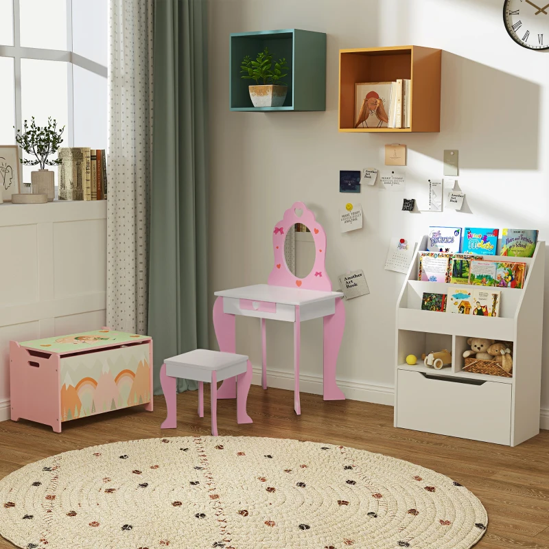 Qaba Kids Vanity Table & Chair Set Girls Dressing Set with Mirror Drawer Cute Patterns for 3-6 Years Old, Pink