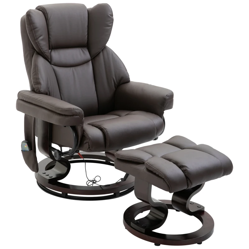 HOMCOM Massage Recliner and Ottoman, PU Leisure Office Chair with 10 Vibration Points, Adjustable Backrest, Side Pocket and Remote Control, for Living Room, Study, Bedroom, Brown