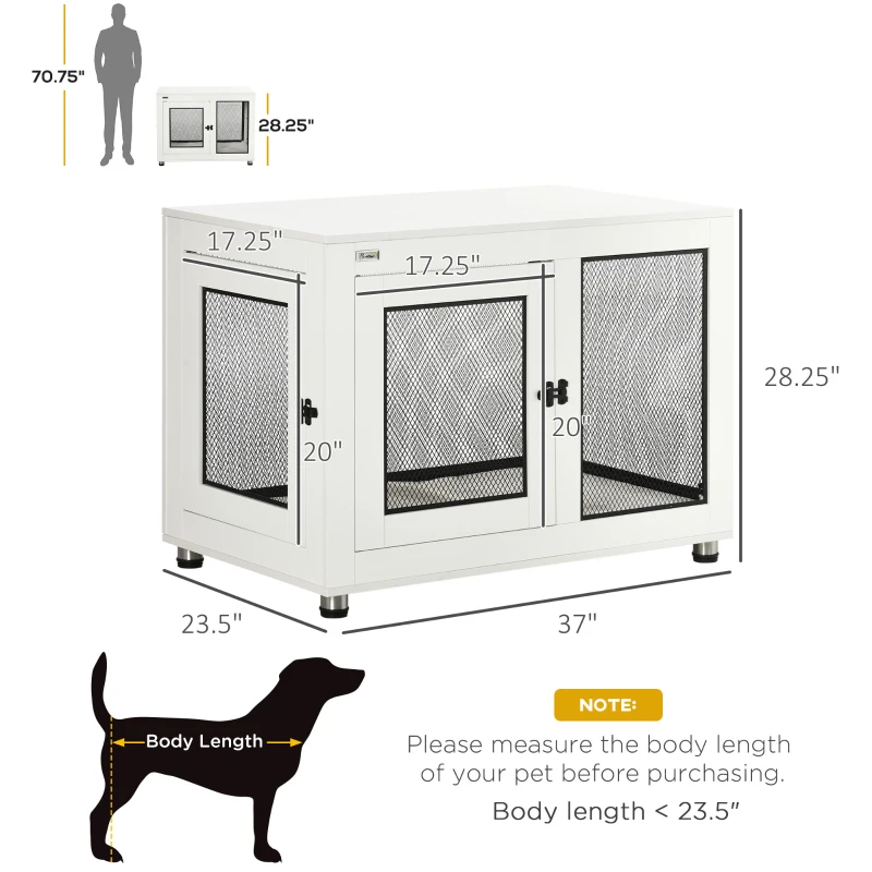 PawHut 37" Dog Crate Furniture with Cushion, Double Doors for Large Dogs, White