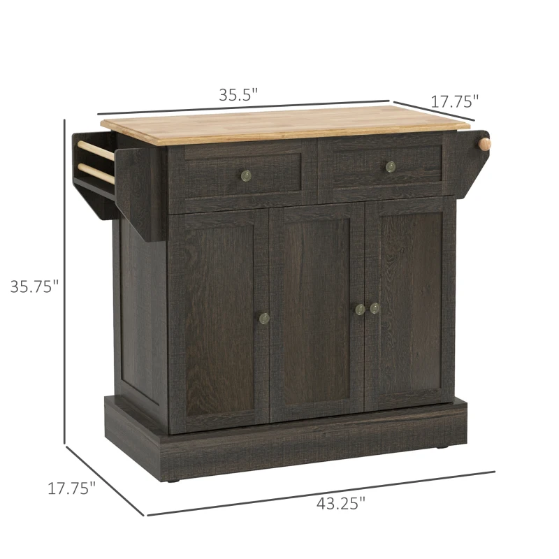 HOMCOM Triple-Cabinet Kitchen Island on Wheels, Kitchen Storage Cabinet with Drawers, Rolling Utility Cart Brown