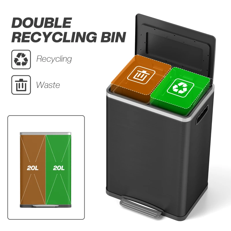 HOMCOM 2 x 20 Liter Garbage Bin, Stainless Steel Garbage Can with Soft-Close Lid and Removable Inner Buckets, Black