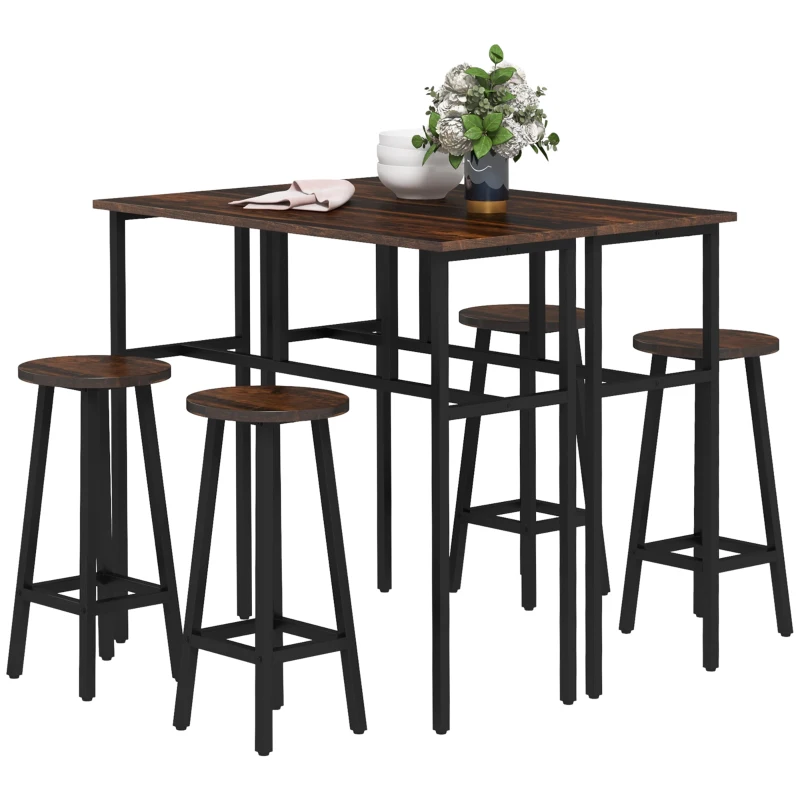 HOMCOM Bar Table Set of 6 Bar Table and Stools for 4 2 Breakfast Tables and 4 Stools for Living Room Dining Room Rustic Brown