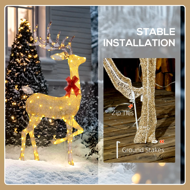 Outsunny Lighted Reindeer Christmas Decorations, 3-Piece Light Up Christmas Deer Family Set with LEDs for Outdoor, Gold