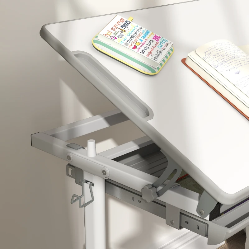 Qaba Height Adjustable Kids Desk and Chairs Set with Tilt Desktop, Storage Drawer, Pen Slot, Hook, Gray